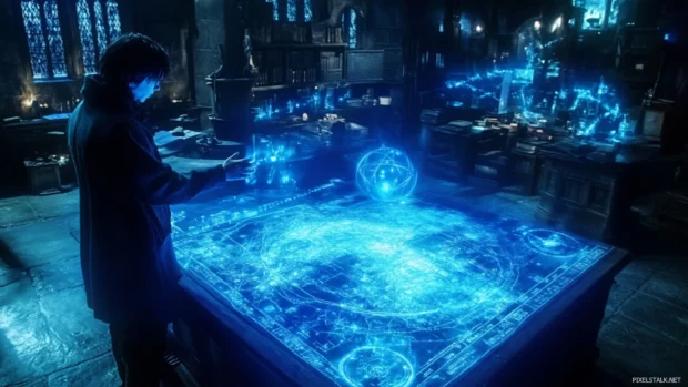 Night scene in Hogwarts featuring The Marauders Map glowing with.