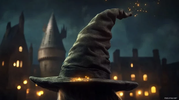 Night scene in Hogwarts featuring The Sorting Hat, glowing with spell effects.