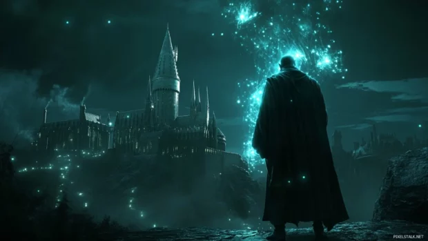 Night scene in Hogwarts featuring Voldemort, glowing with spell effects.