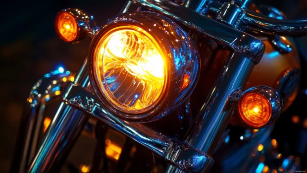 Night shot of Harley Davidson with glowing headlight, free Harley Davidson desktop backgrounds.