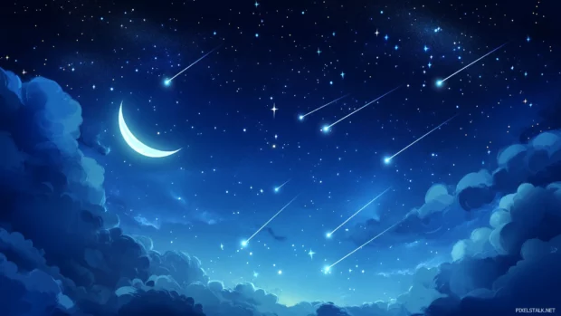 Night sky serene, bright stars, subtle shooting stars streaking horizon, faint glow crescent moon adding beauty.