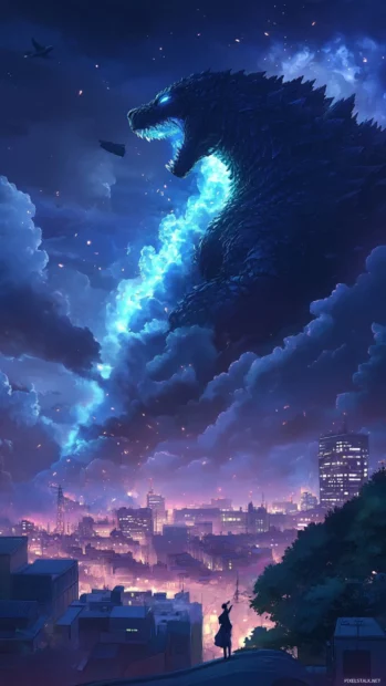 Night skyline bends as Godzilla releases his atomic breath vertically.