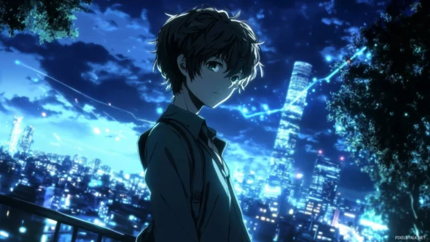 Night view anime boy desktop wallpaper with glowing city in background.