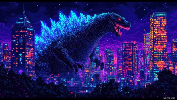 Nightfall as Godzilla scales a skyscraper glowing with data.