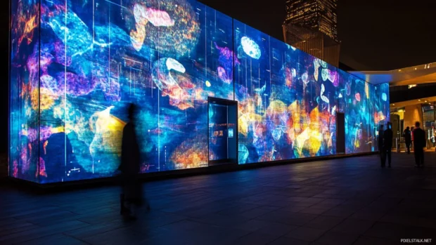 Nighttime cityscape glowing with projected graffiti forms.