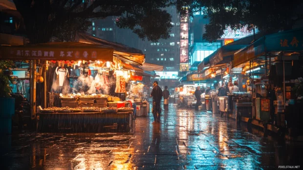 Nighttime in a glowing cyberpunk district with street food vendors and augmented citizens, a cyberpunk desktop wallpapers favorite.