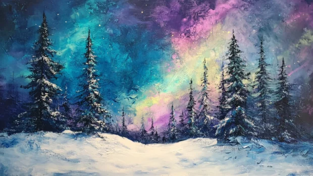 Northern lights above a frozen pine forest.