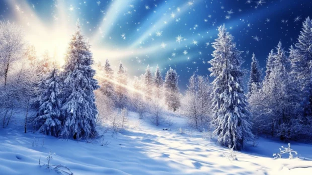 Northern lights above snowy forest, best HD PC wallpapers for nature themes.