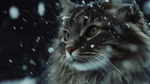 Norwegian Forest cat under falling snowflakes, majestic look.