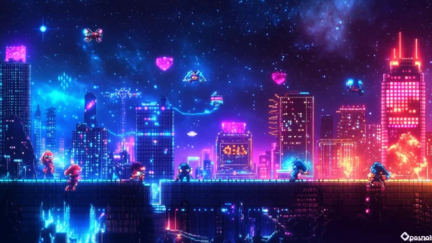 Nostalgic wallpaper, classic 8 bit console, vintage controllers, glowing synthwave grid, retro style.