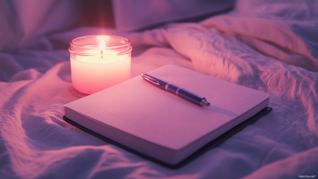 Notebook, candle, and pen setup with soft pink ambient glow.