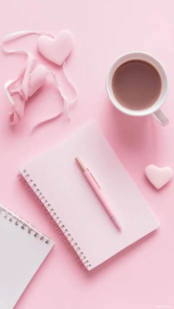 Notebook pages, hearts, and minimal pink tones in aesthetic wallpapers for girls.