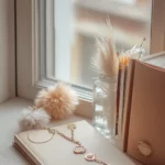 Notebooks, jewelry and fluffy keychains lined up by the window.