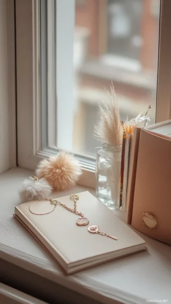 Notebooks, jewelry and fluffy keychains lined up by the window.