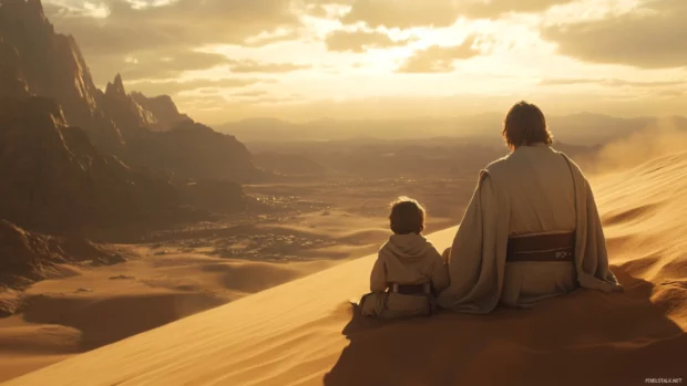 Obi Wan watching over young Luke from a high dune.