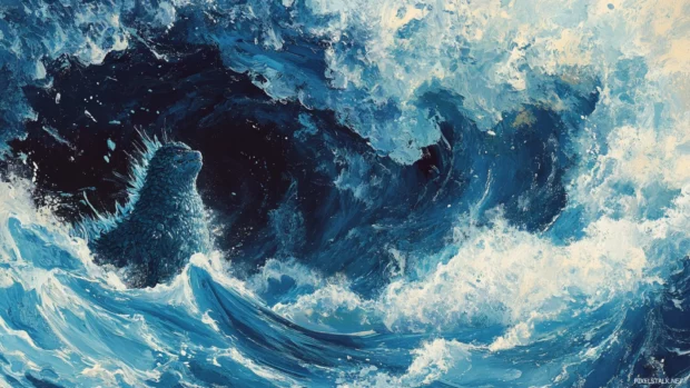 Ocean churns in arcs of blue as Godzilla rises into view.