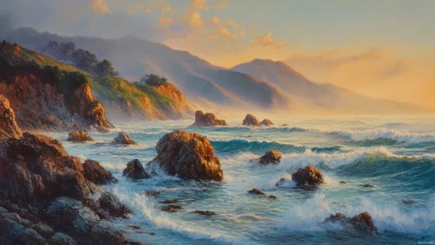 Ocean mist rising off coastal rocks in a soft morning glow.