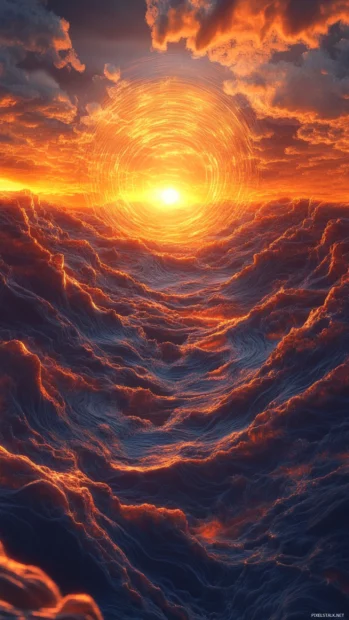 Ocean of glowing lines and twisting clouds forming a surreal trippy portal.