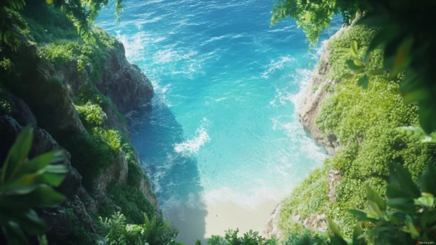 Ocean seen from a high cliff surrounded by summer greenery.