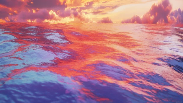Ocean surface reflecting fiery sunset clouds and colors.