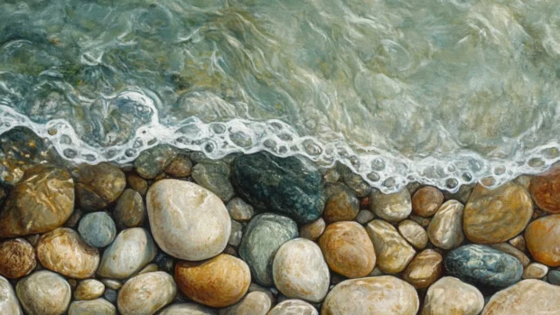 Ocean tide washing over smooth pebbles on a quiet shoreline.