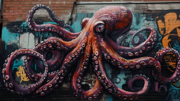 Octopus tentacles twisting through layered tags in back alley.