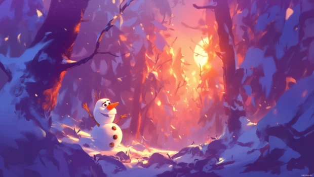 Olaf rolling through snowball slides inside a glowing forest.