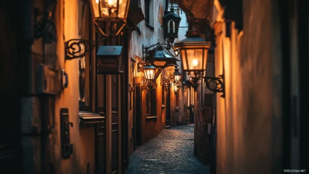 Old European alleyway lit with lanterns.