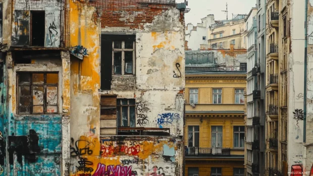 Old and new buildings mixed in graffiti collage cityscape.