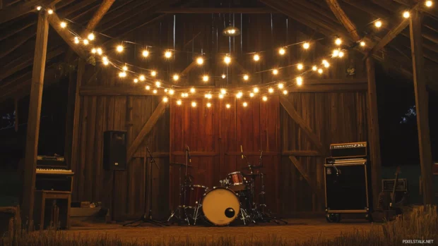 Old barn with string lights and musical setup captured in Barn concert country wallpaper HD.
