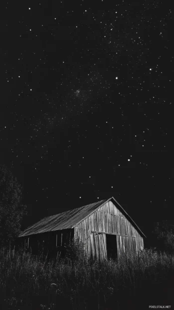 Old barns fading into a starry distance.