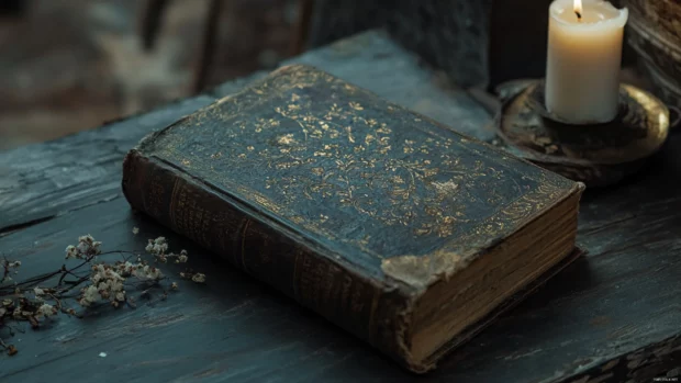 Old book and candle, aesthetic composition, soft lighting.