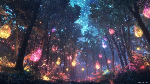 Old forests alive with dancing cosmic light.