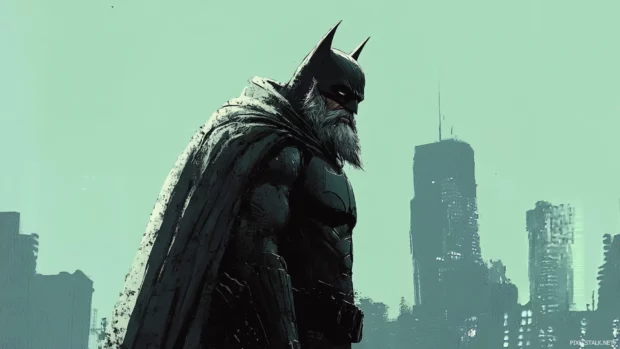 Old grizzled Batman standing with his back to the city.