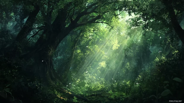 Old growth forest with rays of light filtering through the leaves.