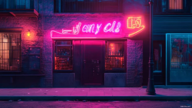 Old jazz club neon sign lighting empty street.