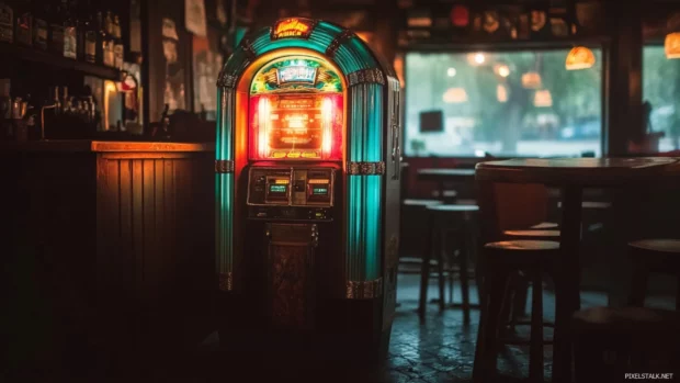 Old jukebox glowing inside roadside bar playing country songs.