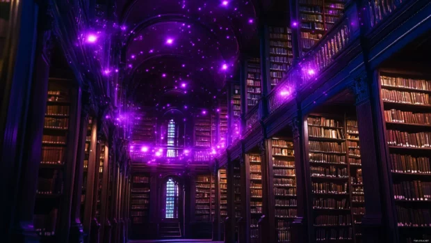 Old libraries lit by scattered purple stars.