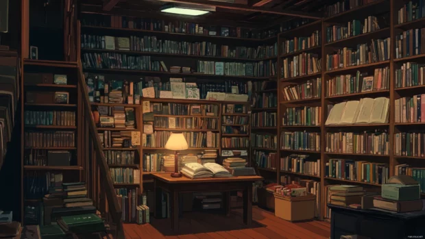 Old library with soft lamp light, anime design.