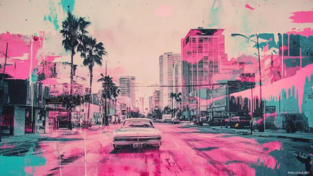 Old neon sign reimagined in layered pastel graffiti.