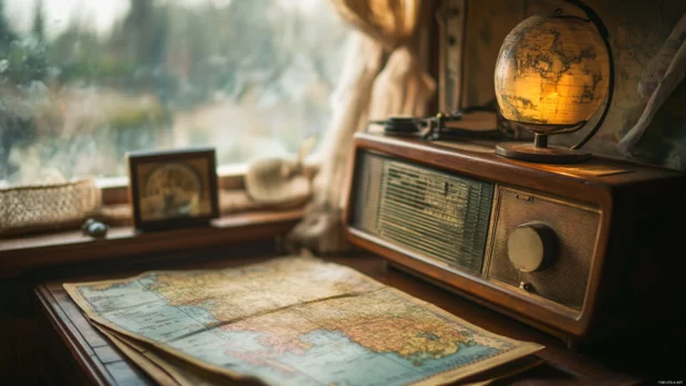 Old radio and map, aesthetic composition, soft lighting.