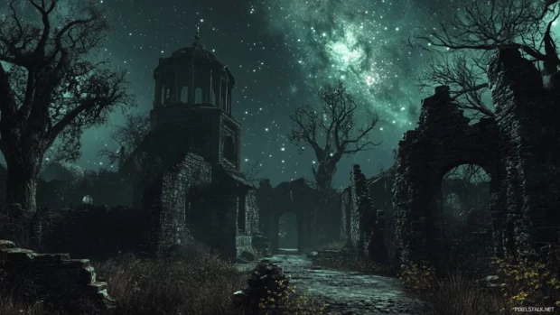 Old ruins dissolving into starry dawns.