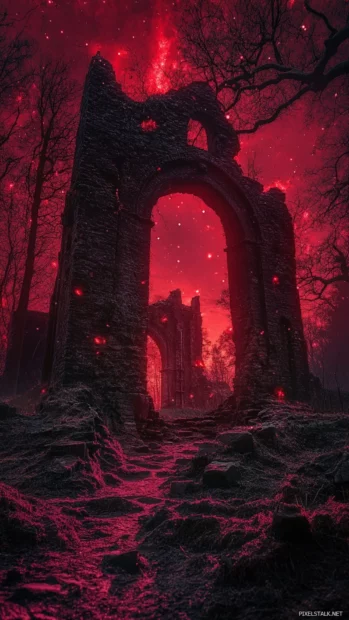 Old ruins illuminated by the burning light of a red star, painting the mystery of romantic red star field.