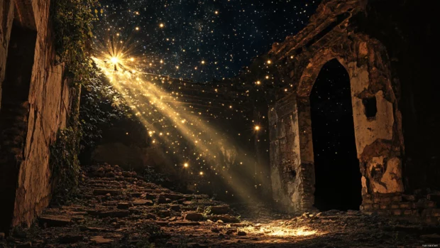 Old ruins illuminated by trembling starbeams, woven naturally into deep space stars desktop wallpaper.