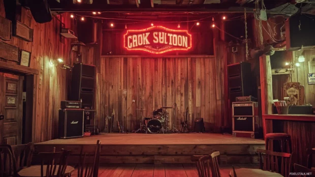 Old saloon sign above wooden stage set for country gig.