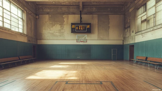 Old school gym basketball court with vintage scoreboard and wooden benches.