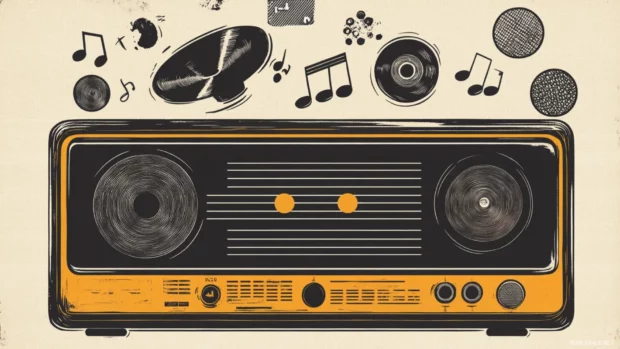 Old school radio and vinyl record design with doodle accents.
