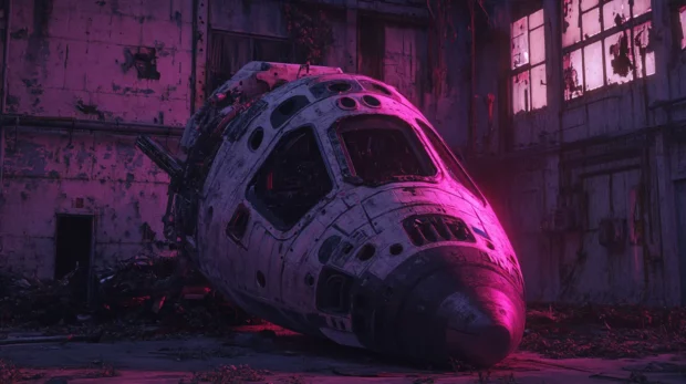 Old spacecraft wreck shining faint black neon.