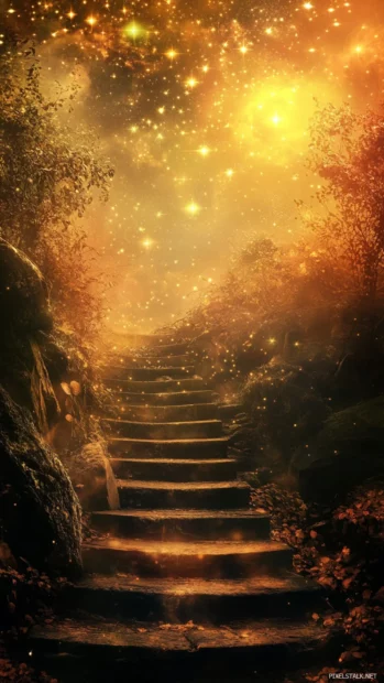 Old stairways fading into golden star horizons.