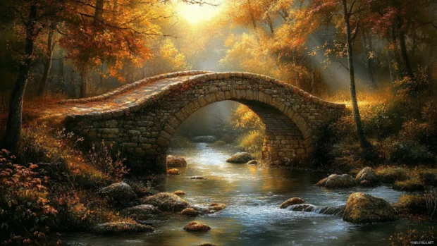 Old stone bridge spans a sparkling forest river.